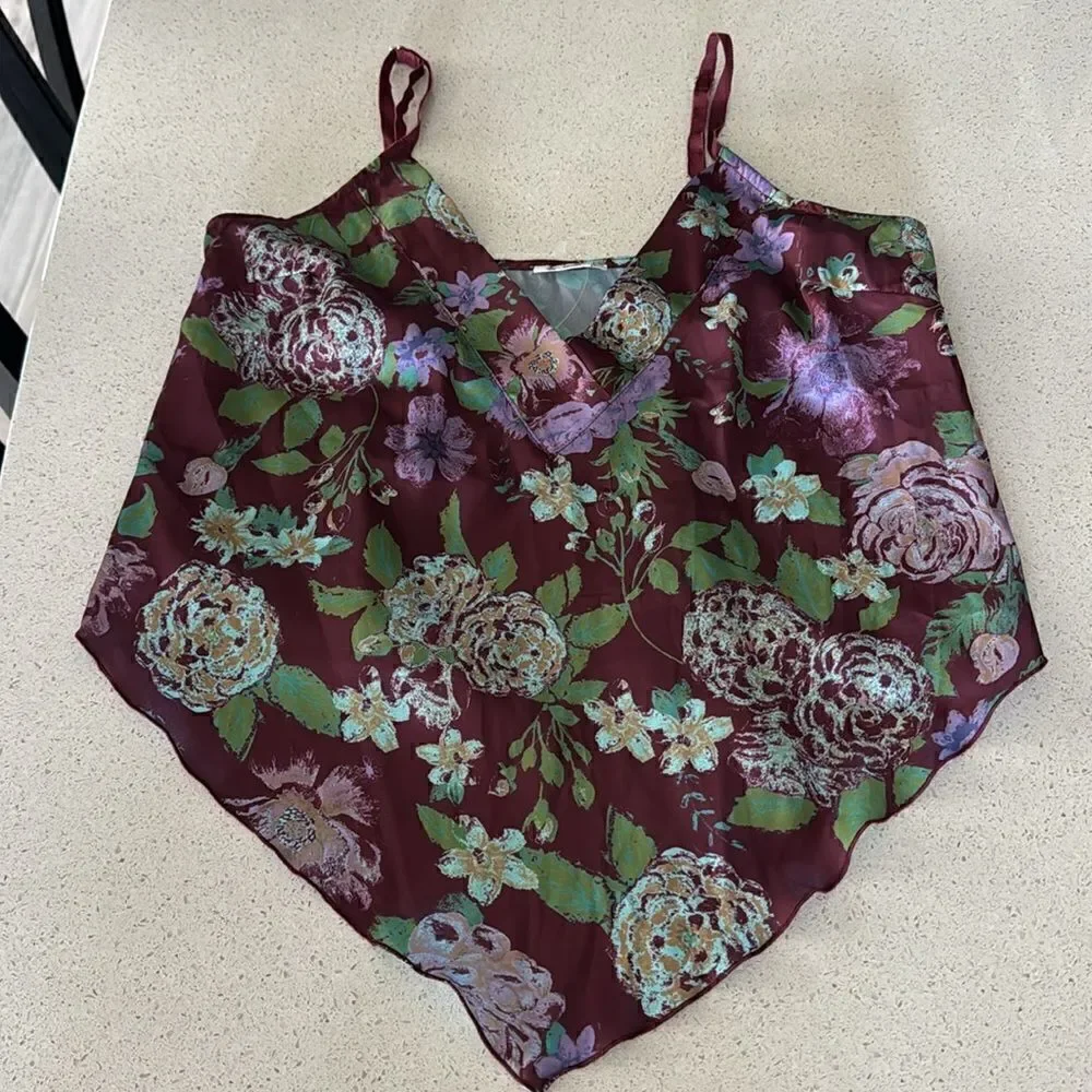 NWOT Free People Cami Floral Hanky Style Adjustable Straps Burgundy V Neck Tank